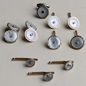 ANTIQUE EDWARDIAN 14KT SOLID GOLD & DIAMOND MOTHER OF PEARL CUFFLINKS DRESS SET
